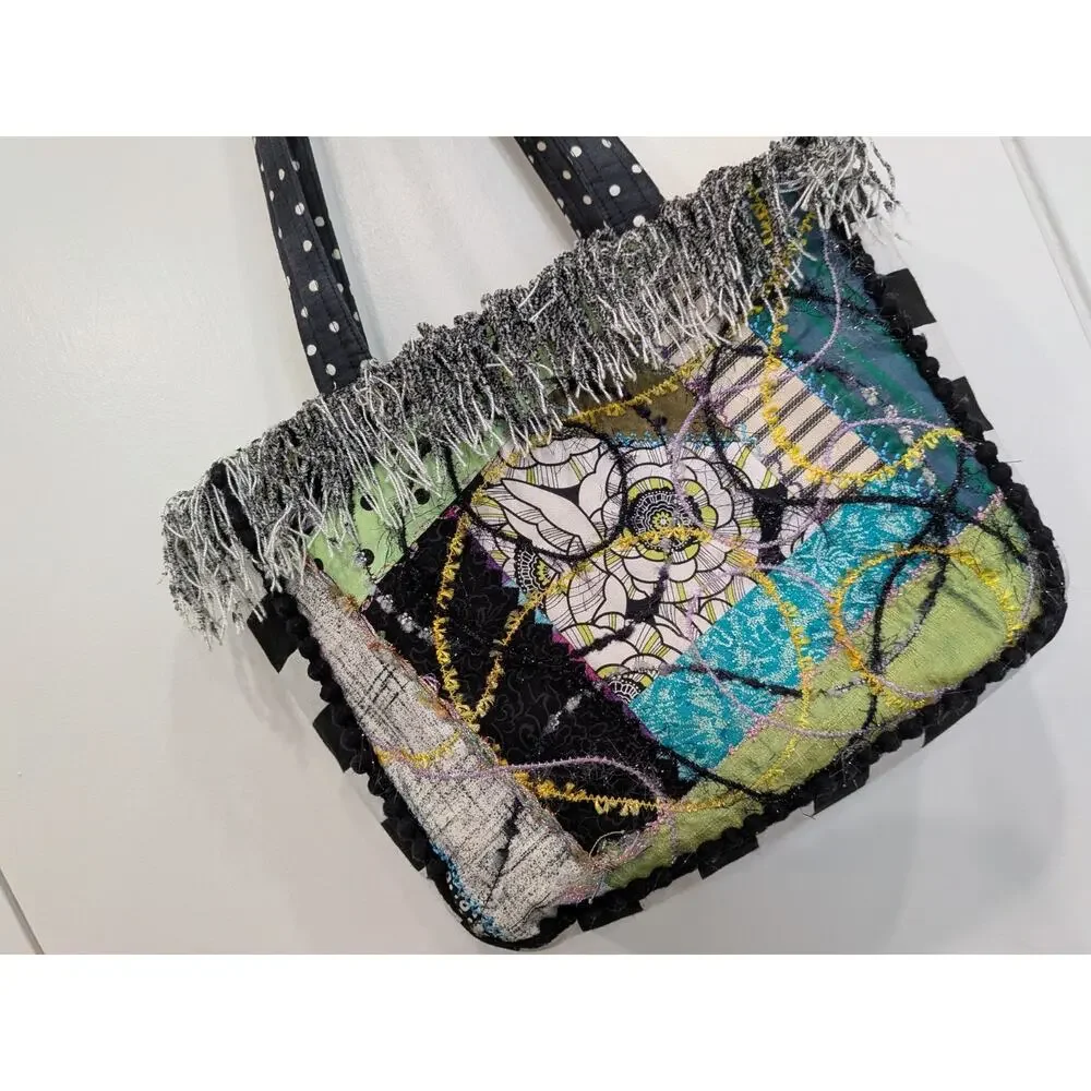 Quilted Patchwork Tote Purse Bag Boho Mixed Media Fringe Pikake Design Embelish